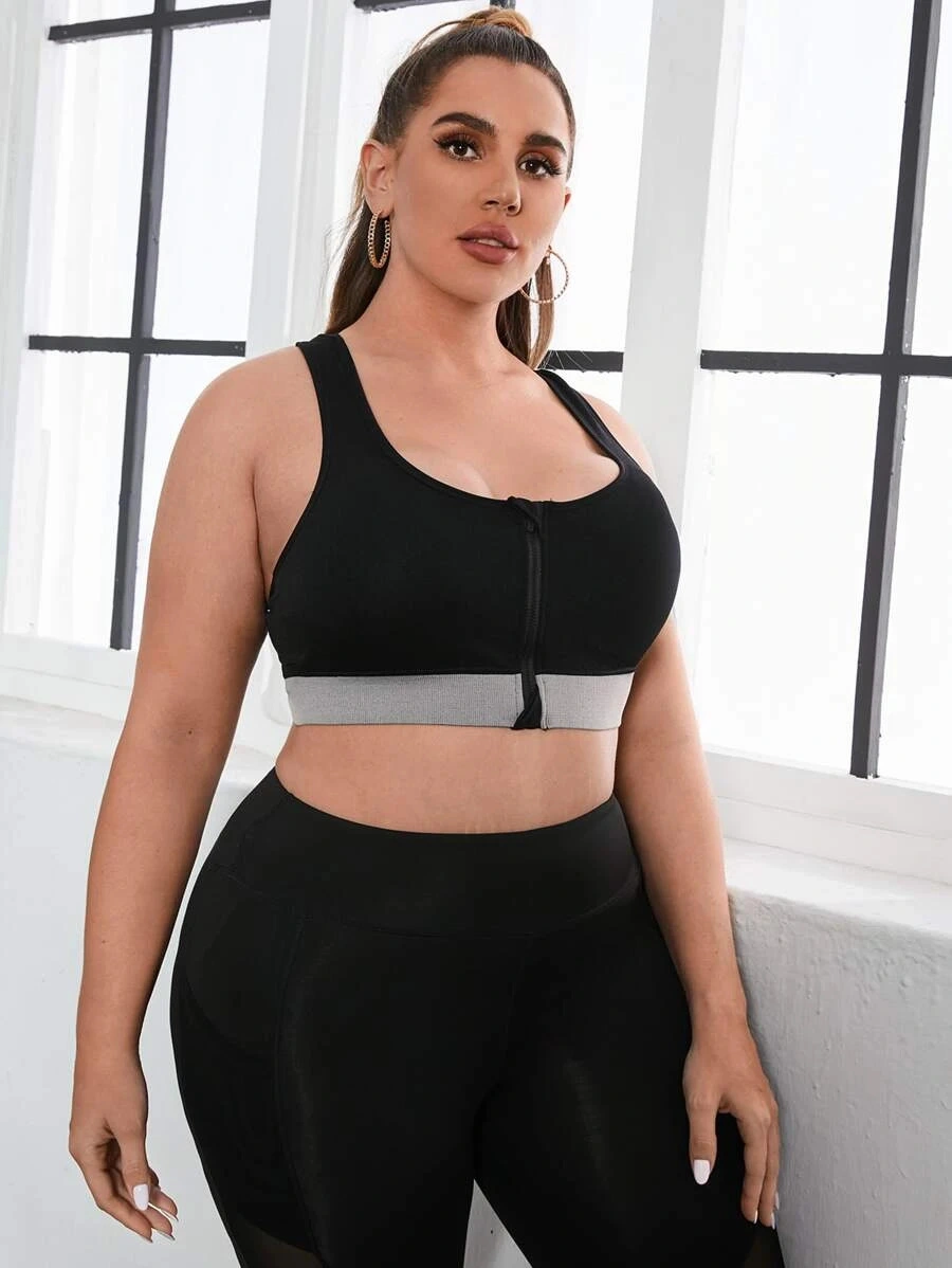 Sexy Plus Black Seamless with Front Zipper Women Sport Bra