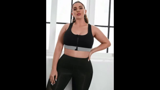 Sexy Plus Sujetador deportivo negro sin costuras con cremallera frontal para mujer