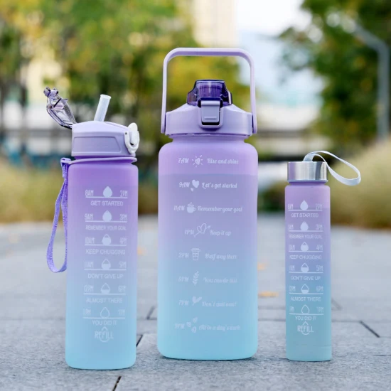 Juego de botellas de agua de fitness deportivo de plástico motivacional de color degradado con Time Maker