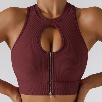 Nuevo diseñador Sujetador Mujer Cuello alto Compresión Rayas Frente abierto Sexy Acanalado Cremallera frontal Deportes Yoga