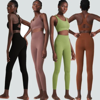 Venta al por mayor Lulu Hot Fashion Fitness Workout Active Wear 2 piezas Sujetador elástico de alto impacto de 4 vías Leggings de cintura alta Deportes Yoga Gimnasio Conjunto de ropa suave para mujeres