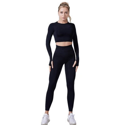 Conjunto de 2 unidades de ropa deportiva sin costuras para mujer, ropa de entrenamiento de gimnasio, Top corto de manga larga para Fitness y mallas para glúteos, conjunto de Yoga