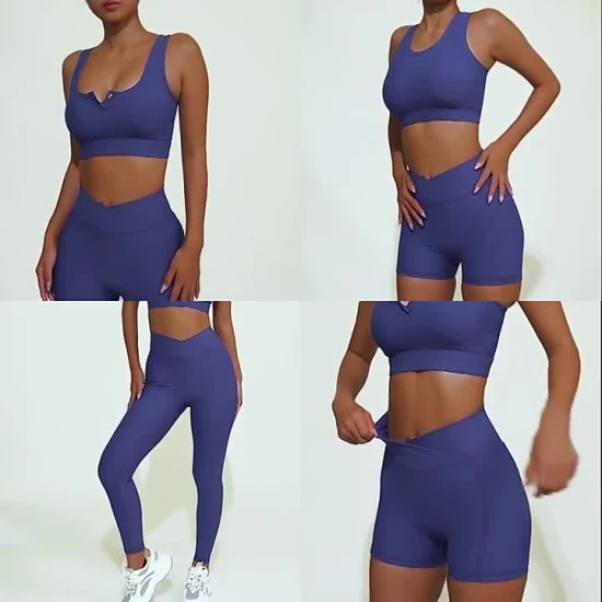 Spandex de nailon negro de 2 piezas, pantalones cortos de corte en V, conjunto de Yoga, conjuntos de Fitness para mujer, ropa deportiva para mujer, conjuntos de Yoga para gimnasio, conjuntos de Yoga sin costillas