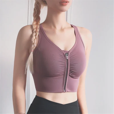 Sujetador deportivo con cremallera frontal para mujer, transpirable, sin aros, acolchado, Push up, Yoga, gimnasio, Top Fitness Bra